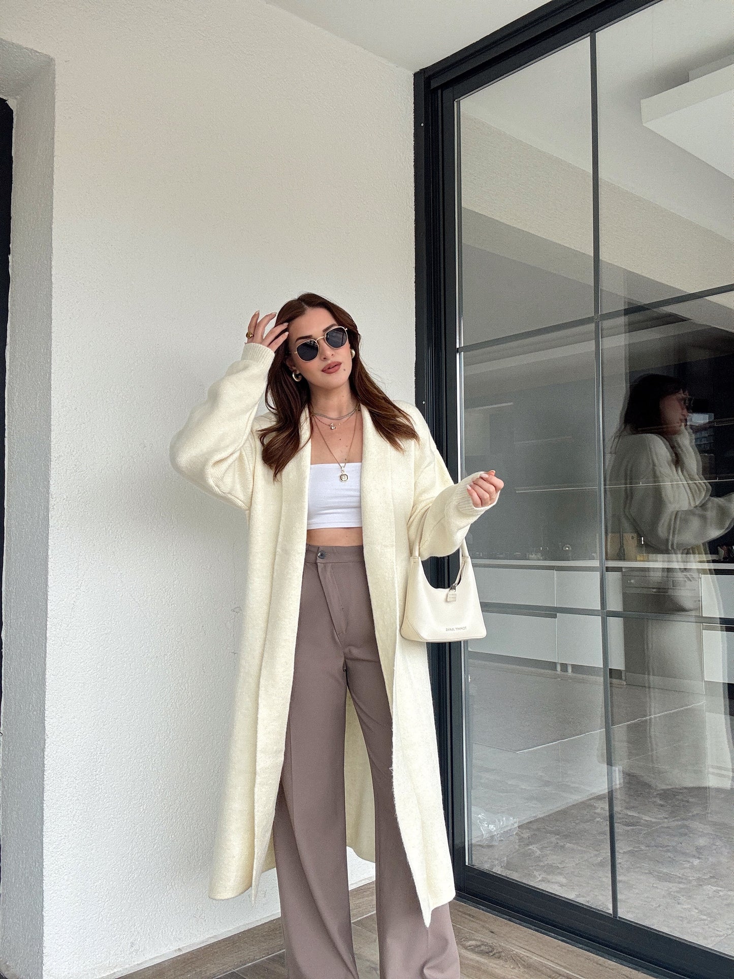 Şardonlu uzun hırka-BEJ