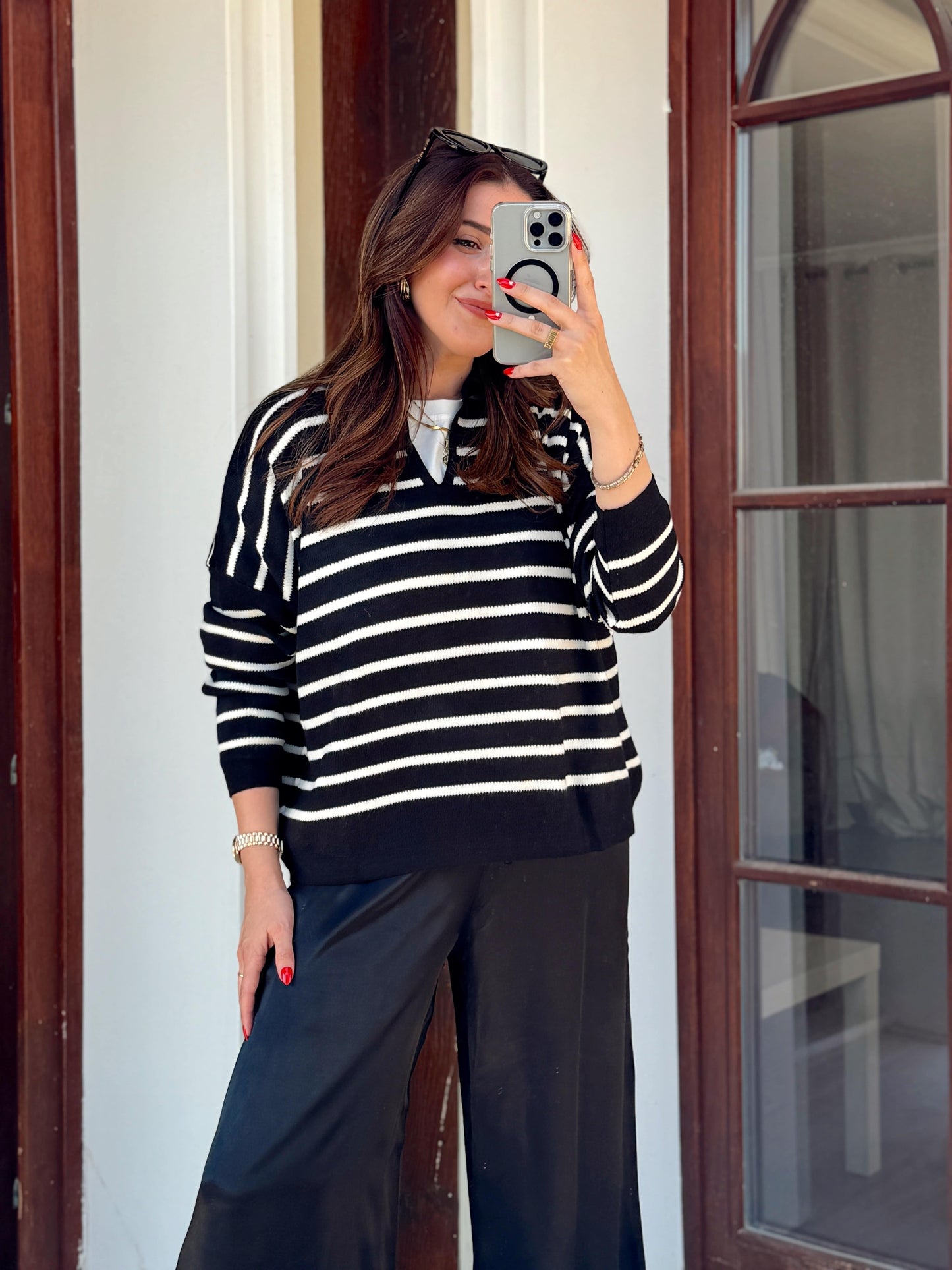 Full Çizgi polo yaka triko kazak Siyah
