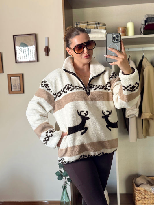 Geyik desenli polar sweat Ekru