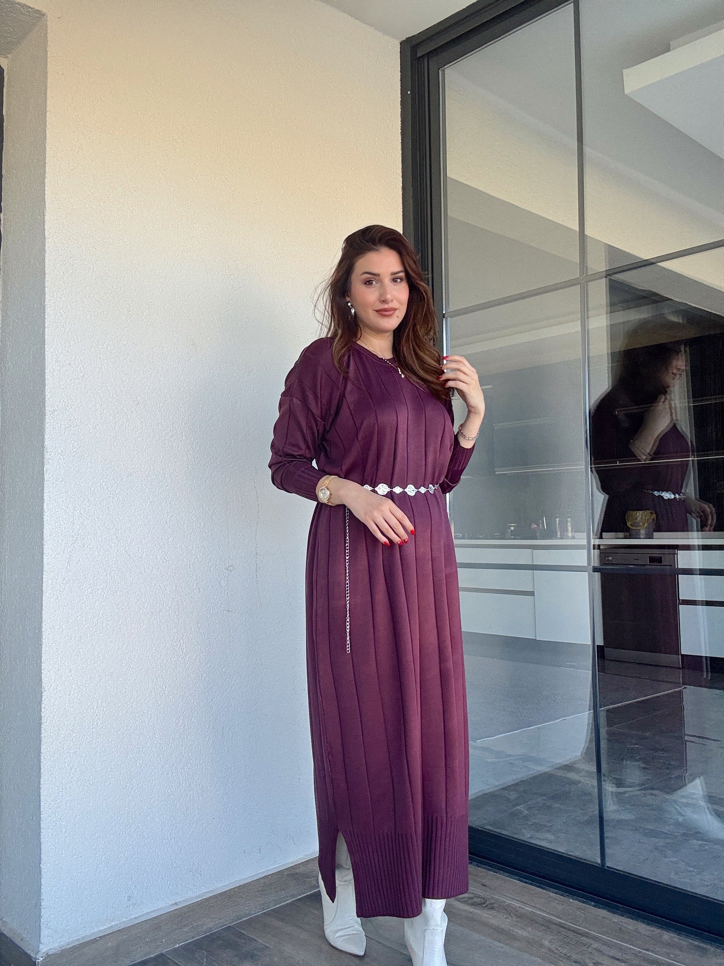 Şerit detaylı uzun triko elbise MÜRDÜM