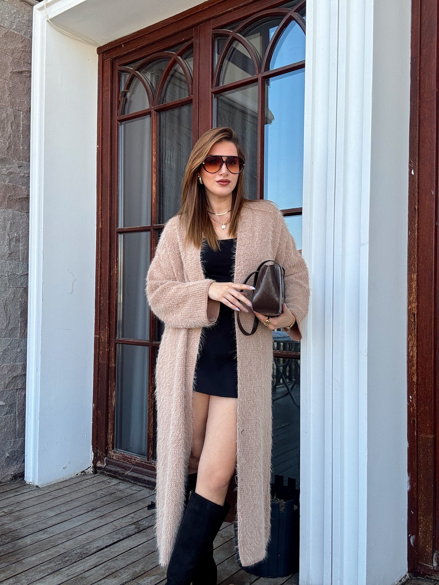 Kırçıllı sakal kumaş uzun hırka Camel
