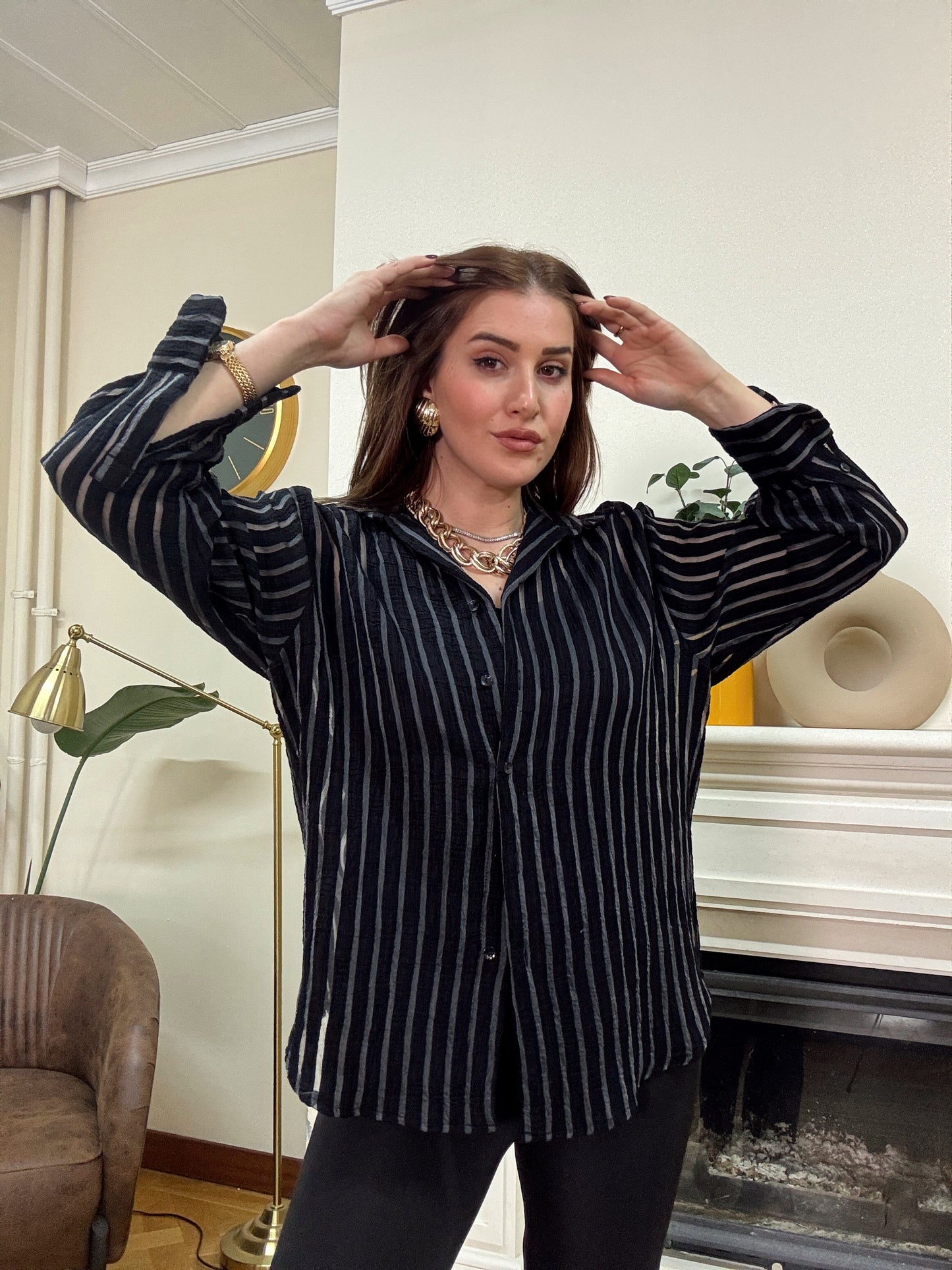 Transparan içi atletli şeritli  oversize gömlek SİYAH