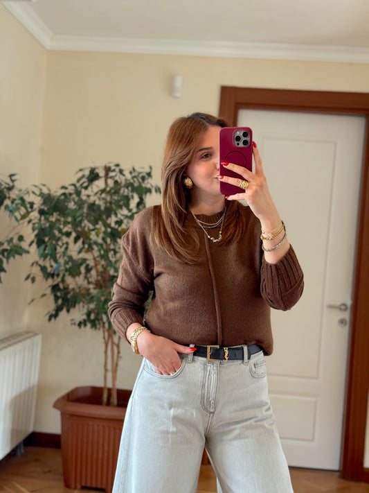 Gofralı yumoş kazak-KAHVERENGİ