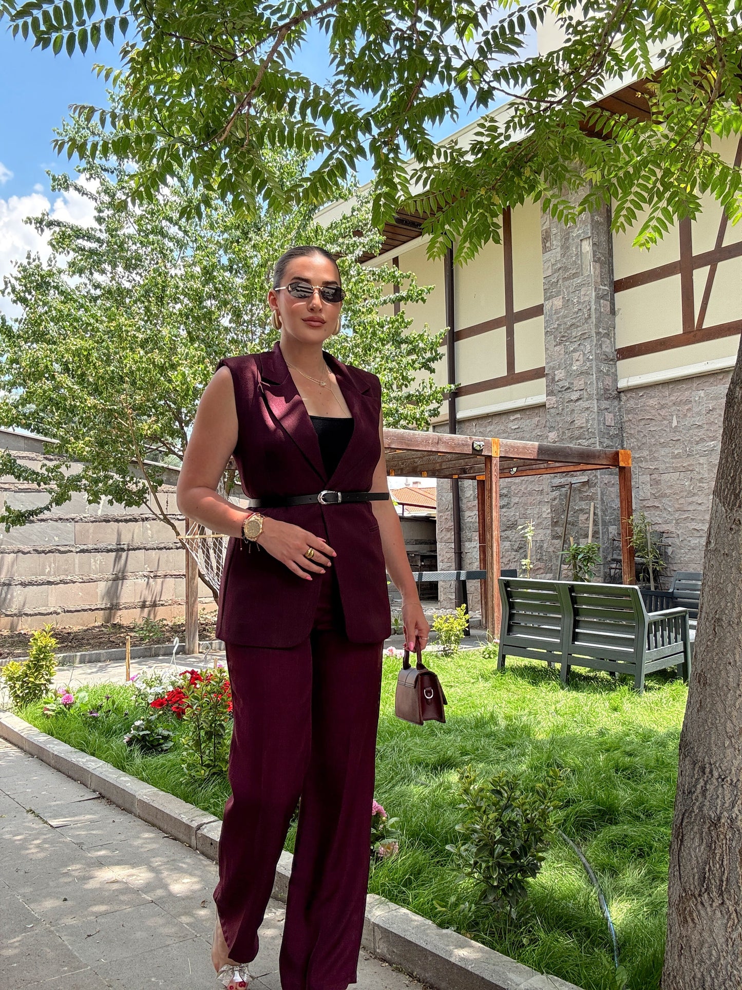 Toprak Uzun Yelekli Takım Mürdüm