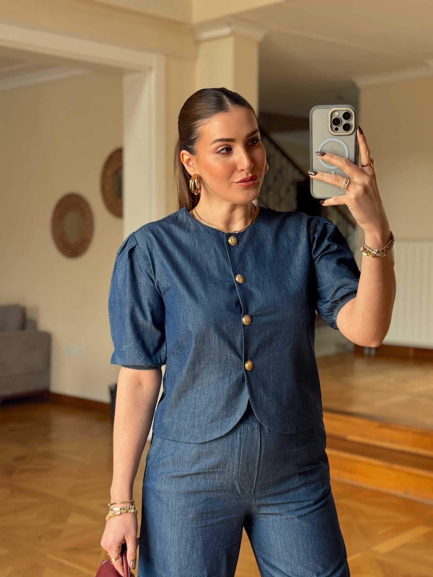 Tencel Düğmeli Bluz-MAVİ