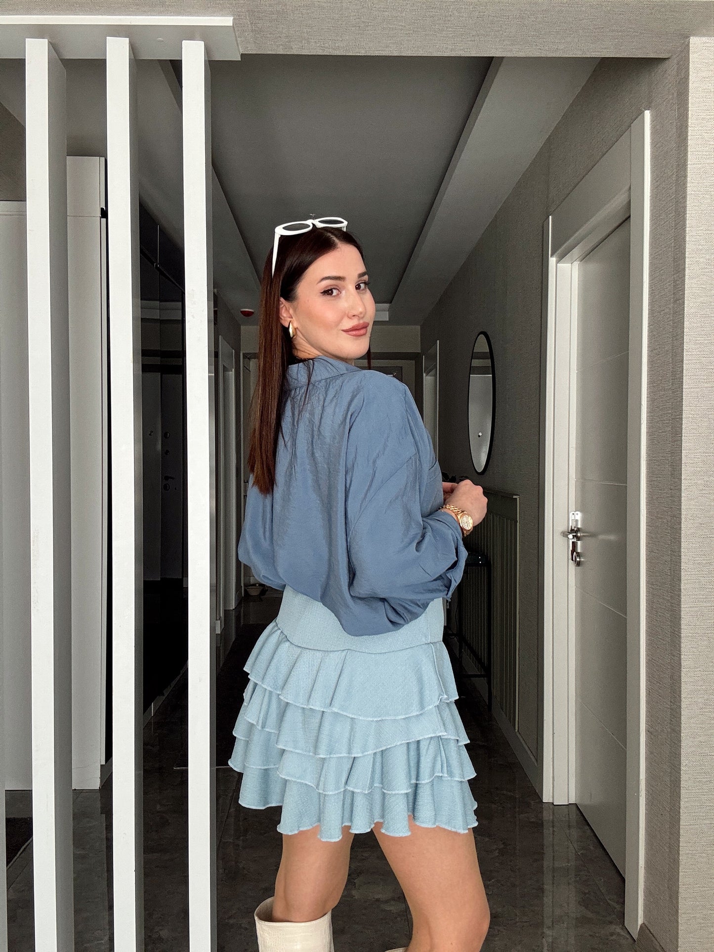 Astarlı Katlı Şort Etek - BEBE MAVİ