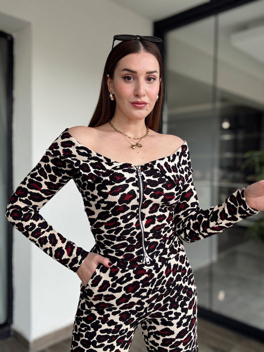 Leopar Desenli Fermuarlı Bluz BORDO