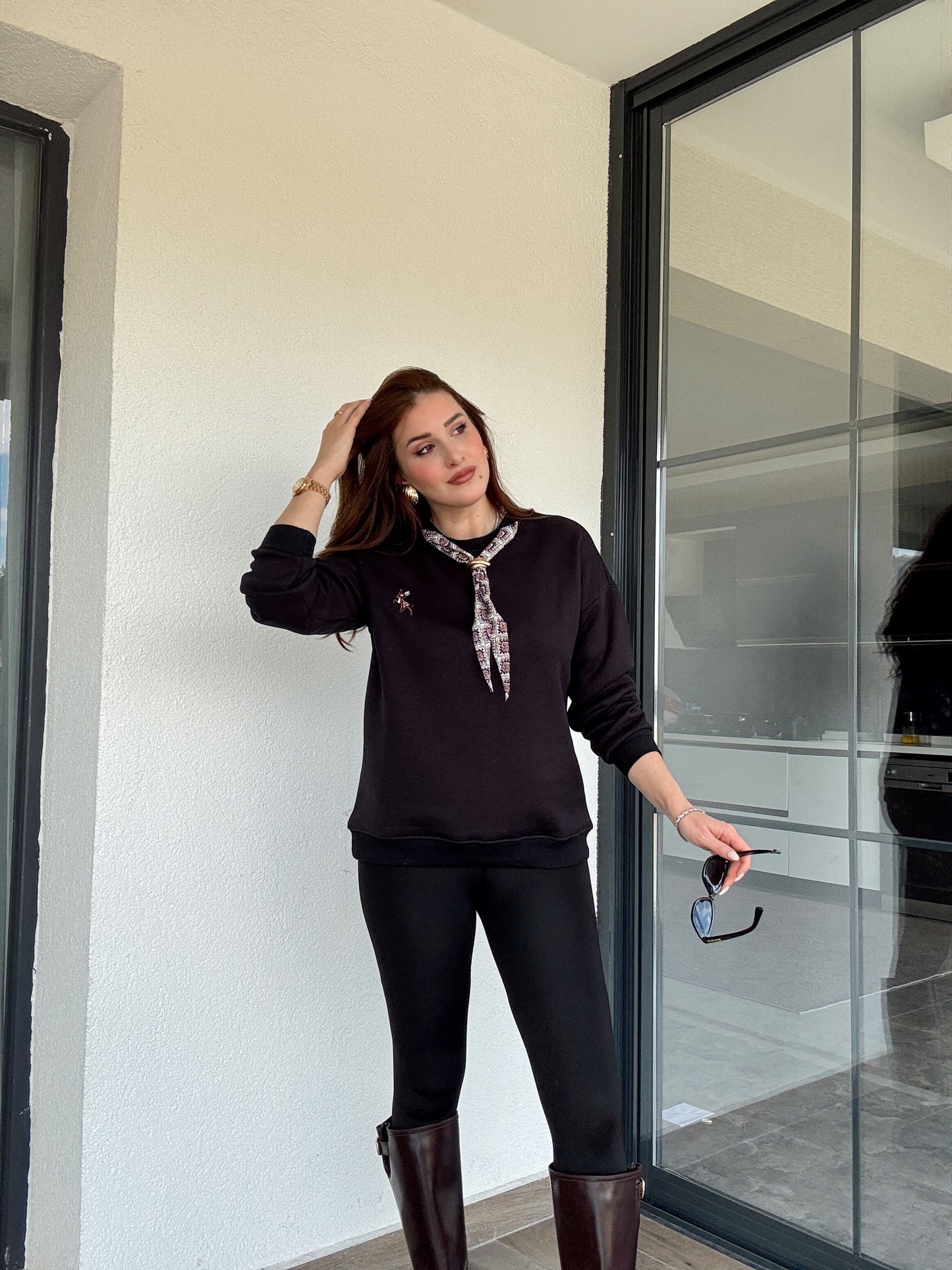 Üç iplik şal yaka sweat-SİYAH