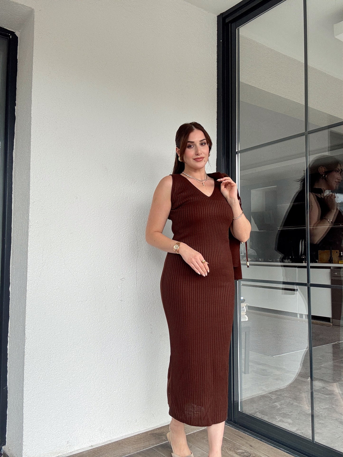 Önü Bağlama Jileli Triko Takım Kahve