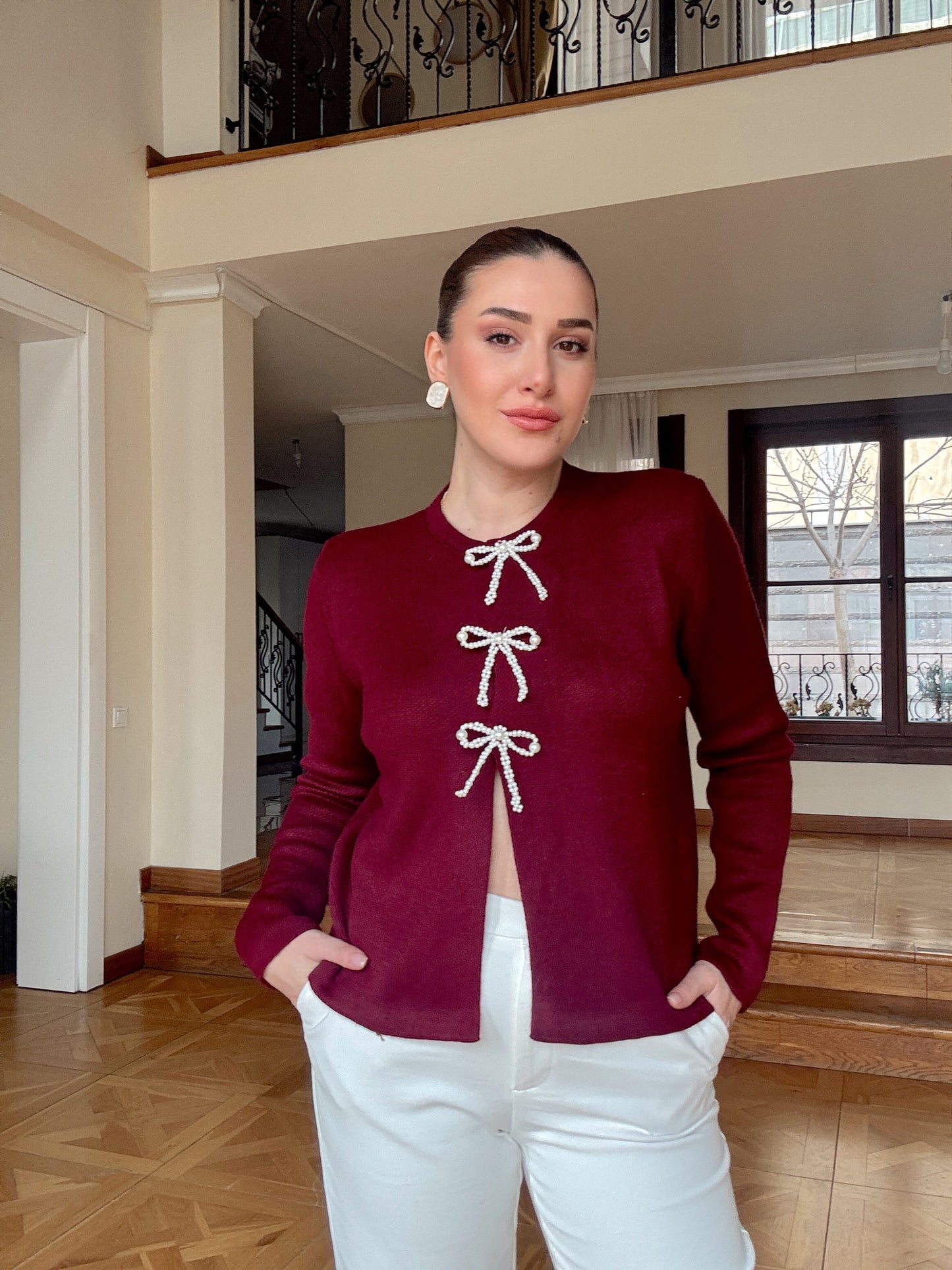 Fiyonk inci taşlı hırka-BORDO