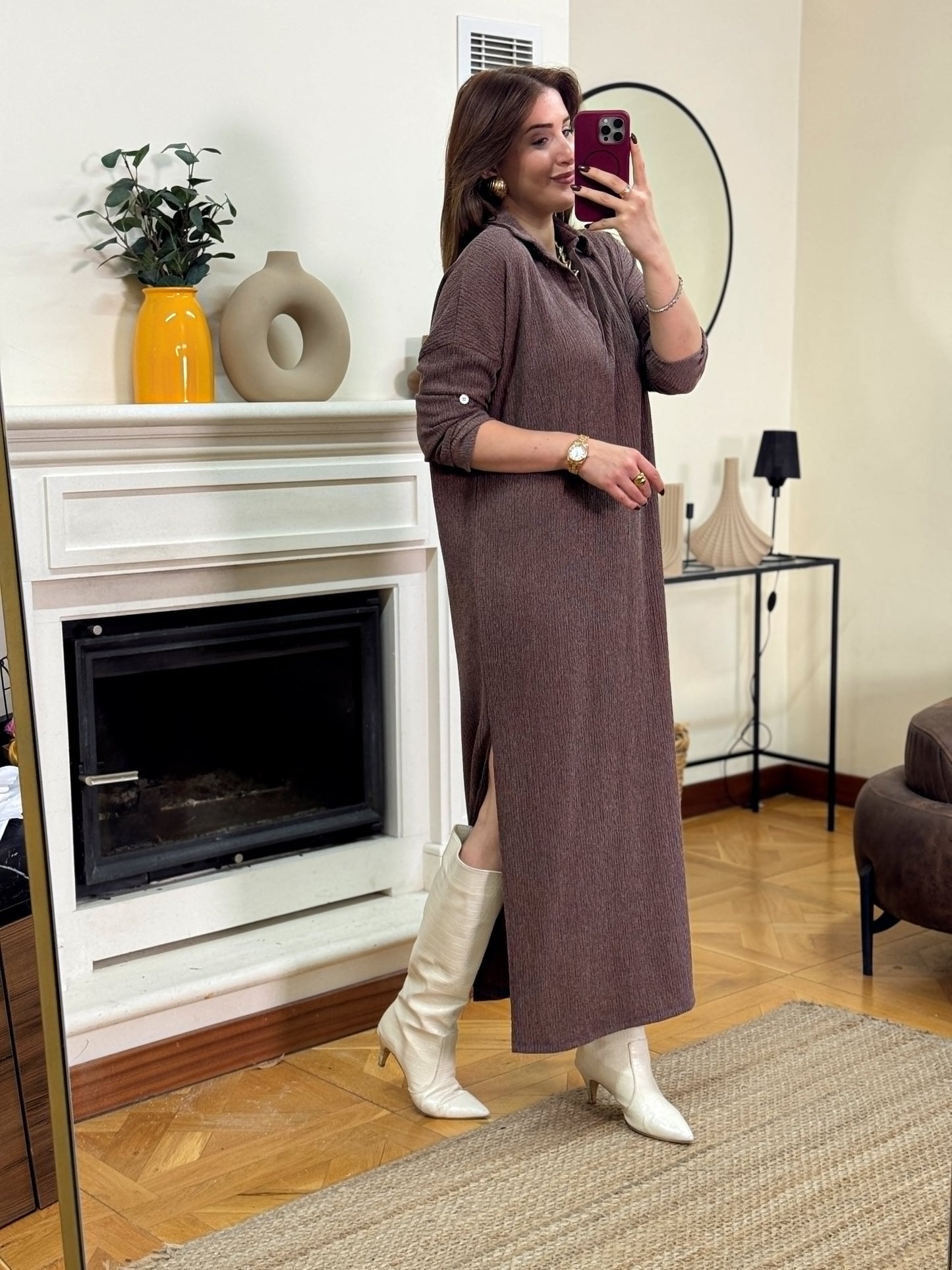 Polo yaka çift yıtmaç elbise-KAHVERENGİ