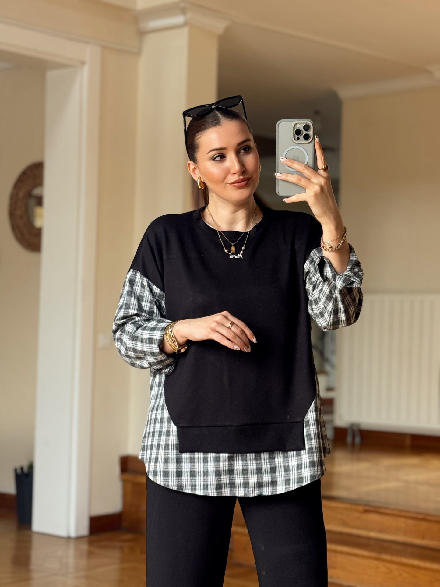 Ekose Desen Garnili Takım-SİYAH