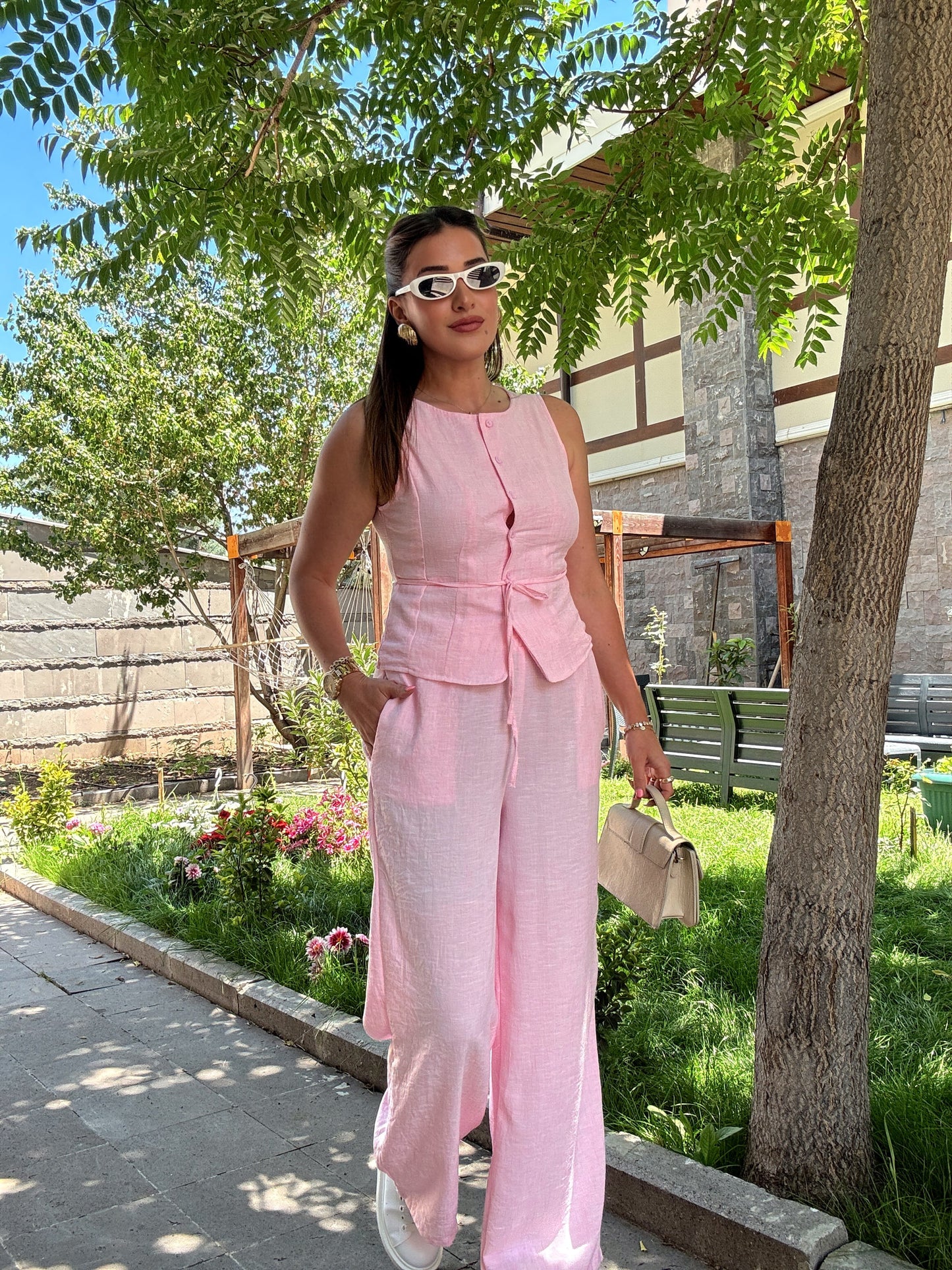 Yelekli bağlama detay keten takım Pembe