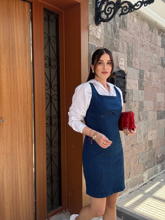 Kare Yaka Likralı Denim Elbise MAVİ