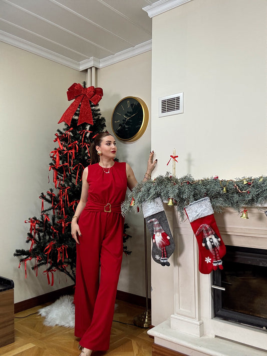 PARİS gold tokalı premium tulum-KIRMIZI