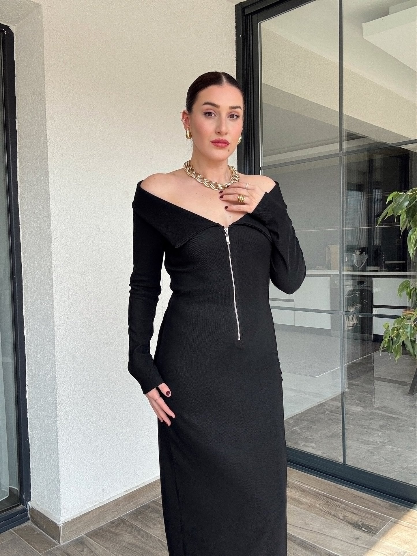 Madonna Yaka Ottoman Elbise - SİYAH
