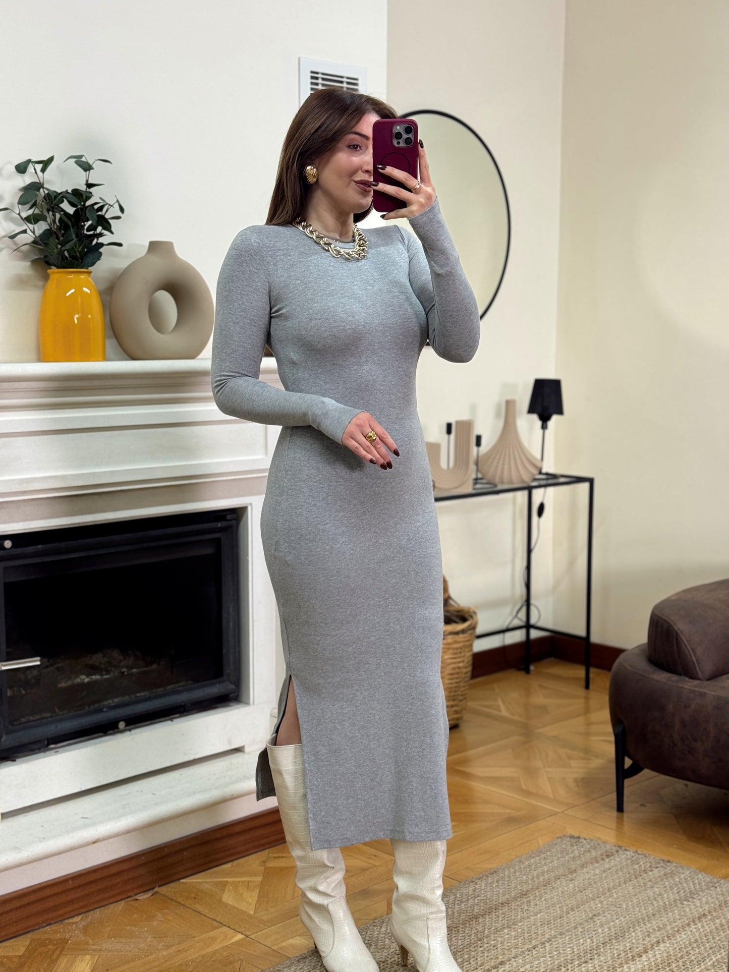 Bisiklet yaka parmak geçirmeli elbise-GRİ