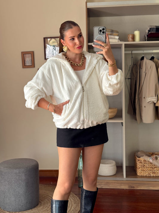 Kapüşonlu Fermuarlı Sakal kumaş Sweatshirt Beyaz