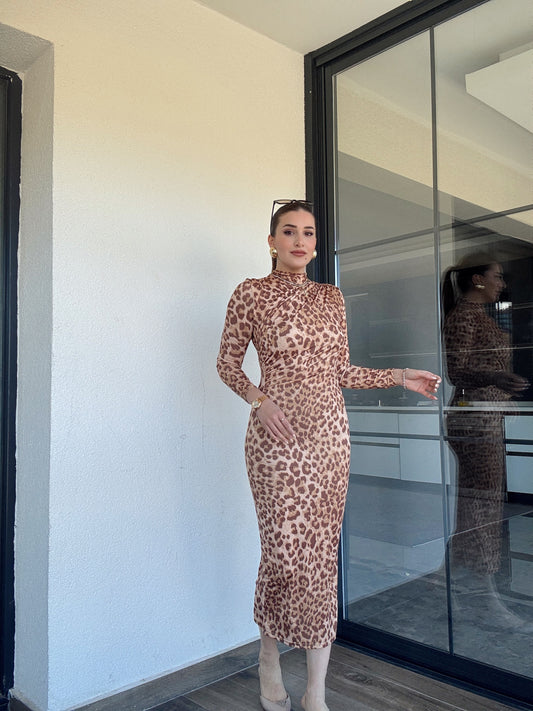 Sandy kumaş drape detaylı leopar elbise-CAMEL