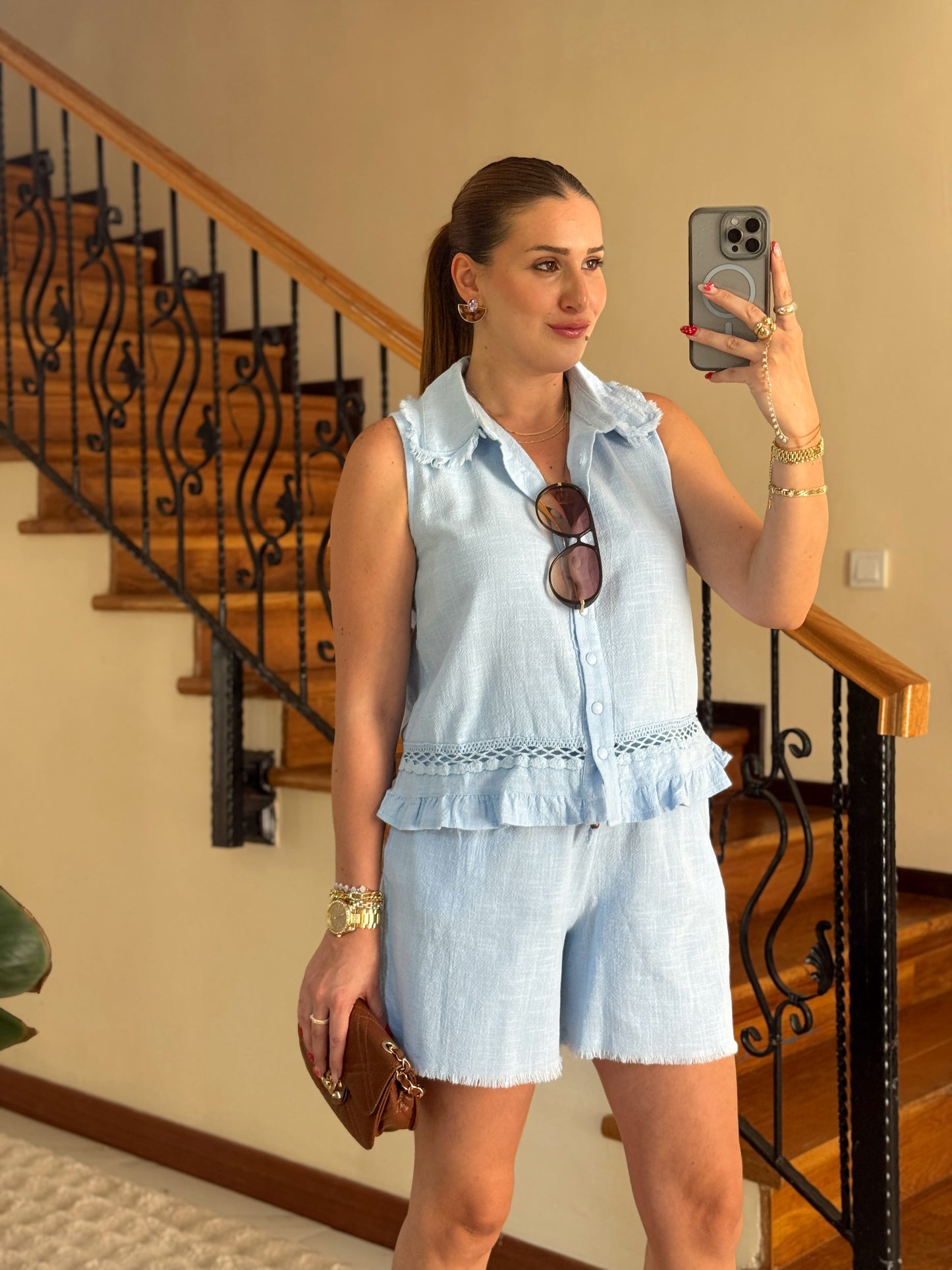 Keten yaka püsküllü takım BEBE MAVİ