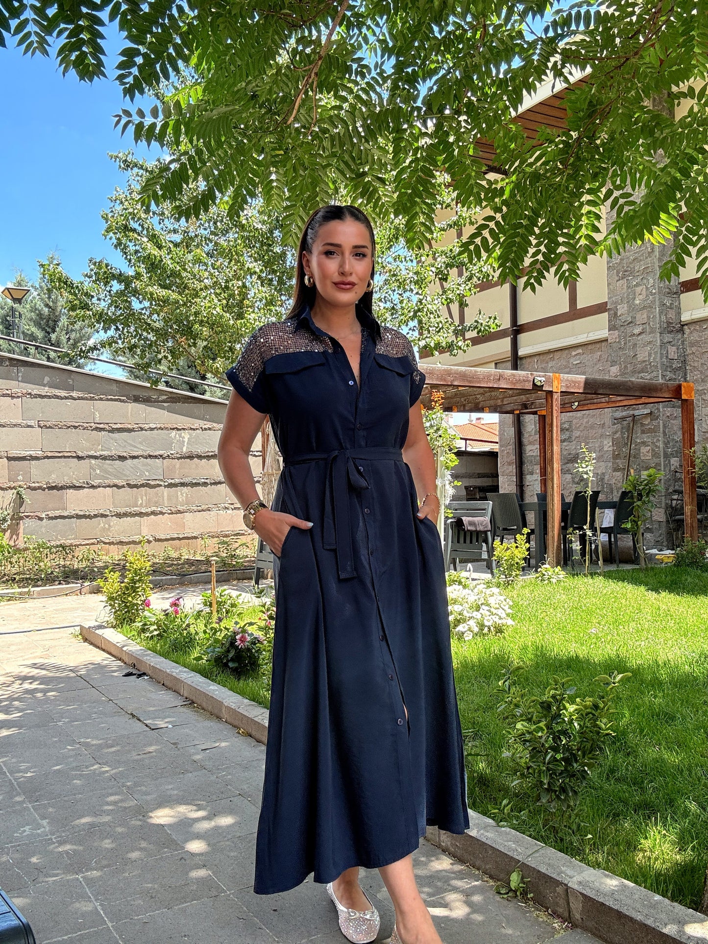 Omuz pul detaylı tensel elbise Lacivert