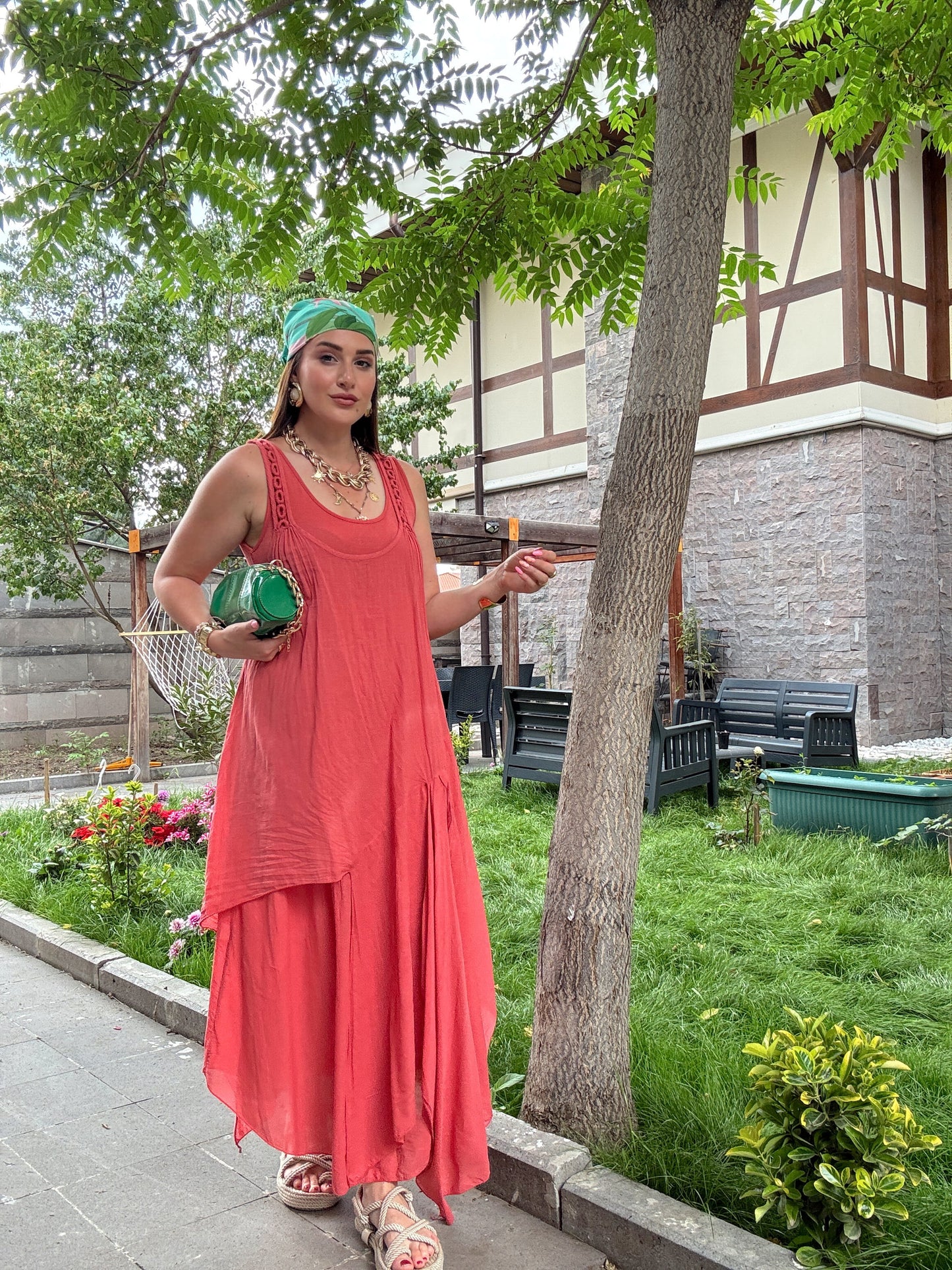 Askı Halka işlemeli Uzun Elbise nar çiçeği