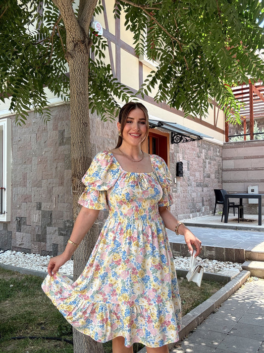 Madonna yaka gipeli elbise -SARI