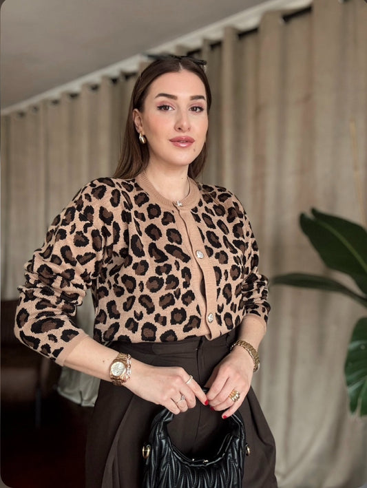 Düğmeli Leopar Hırka - KAHVERENGİ