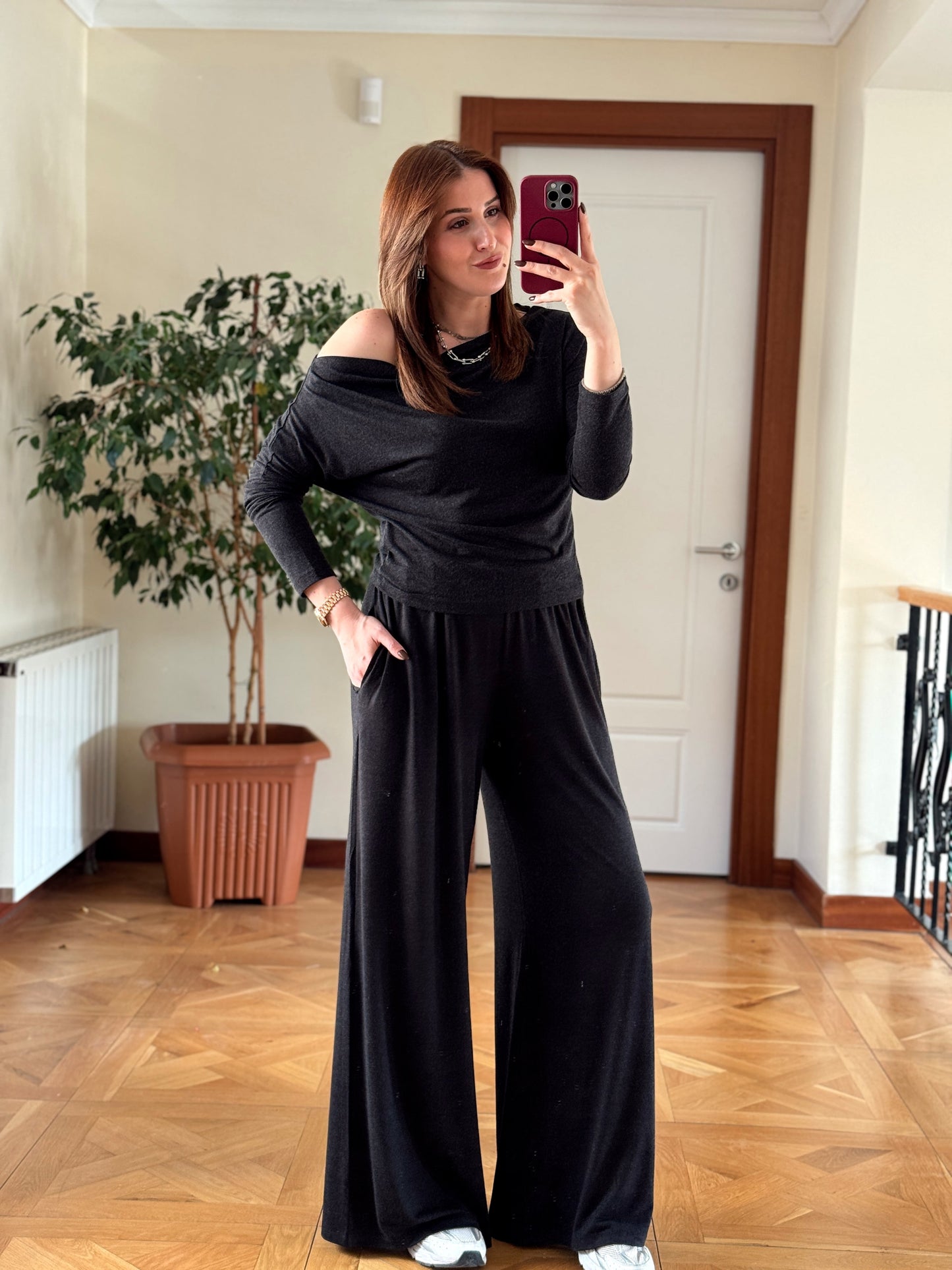 Yarasa kol cepli pantolonlu takım-FÜME