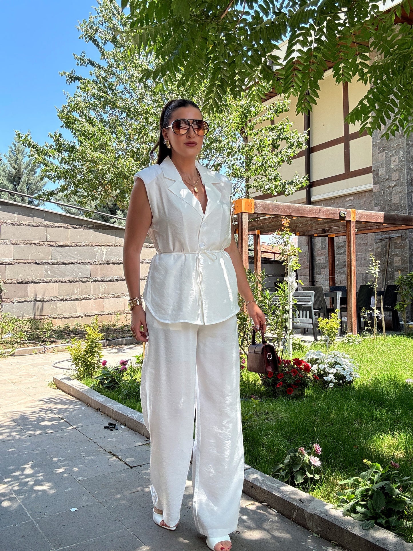 BRUCE tensel kumaş kemerli takım BEYAZ