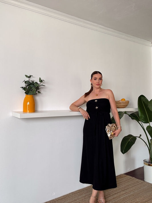 Straplez gold düğme detaylı fitilli elbise SİYAH