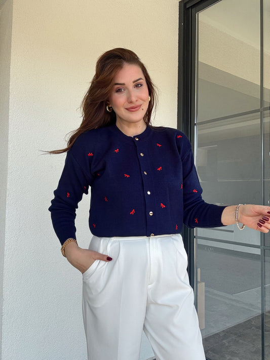 Kurdele nakış işlemeli hırka LACİVERT