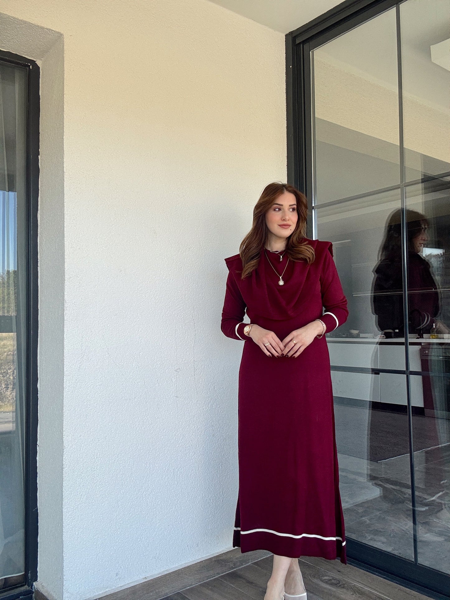 Çizgili pelerinli elbise-BORDO