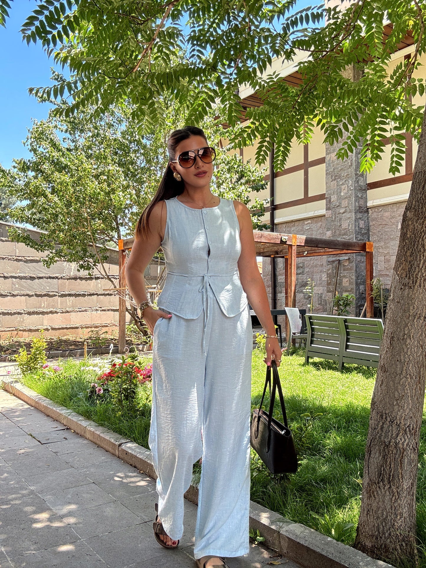 Yelekli bağlama detay keten takım Mavi