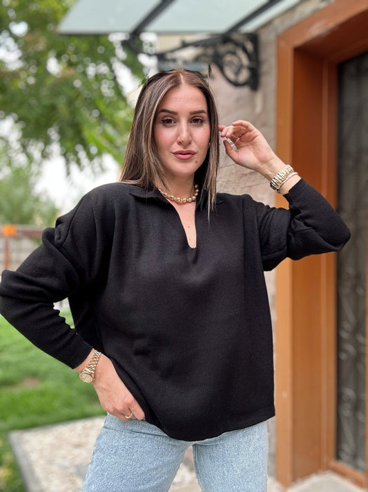 Polo Yaka Basic Triko Kazak - SİYAH