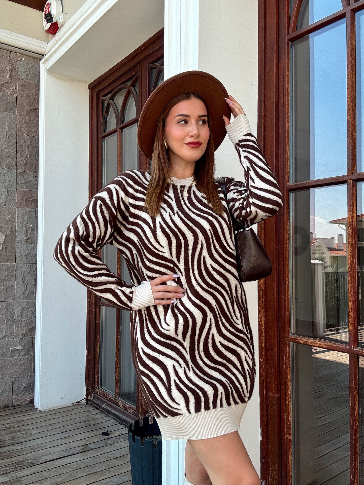 Zebra desenli sakal kumaş kazak Latte kahve