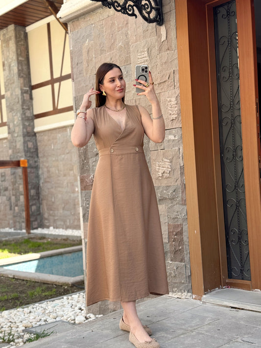 Keten düğmeli uzun elbise CAMEL