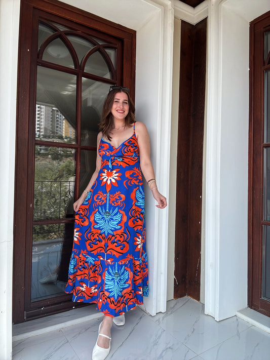 KRS Model Askılı Uzun Elbise - MAVİ