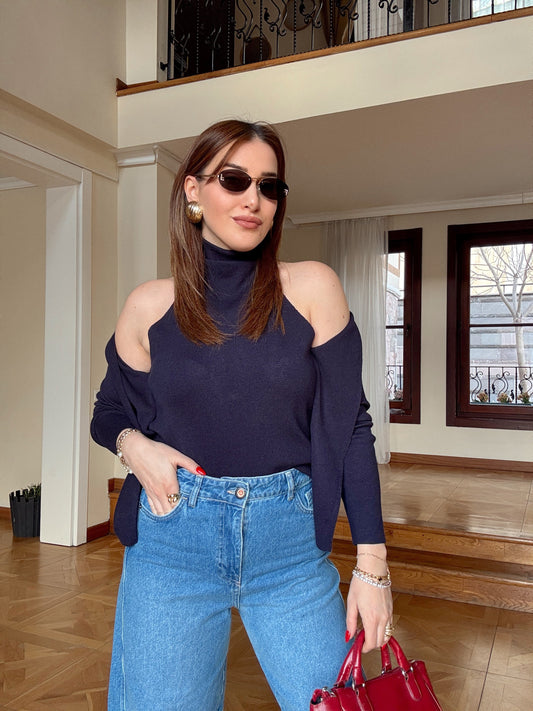 Halter yaka tek parça ceket-LACİVERT