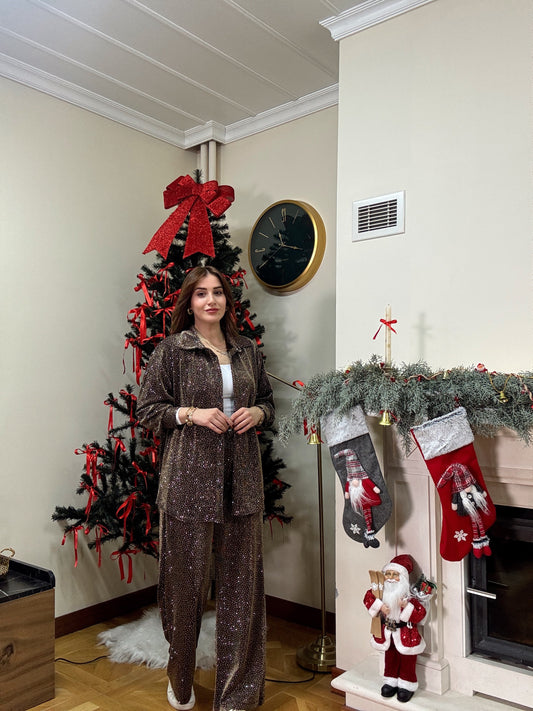 Gold simli taşlı takım-ACIKAHVE