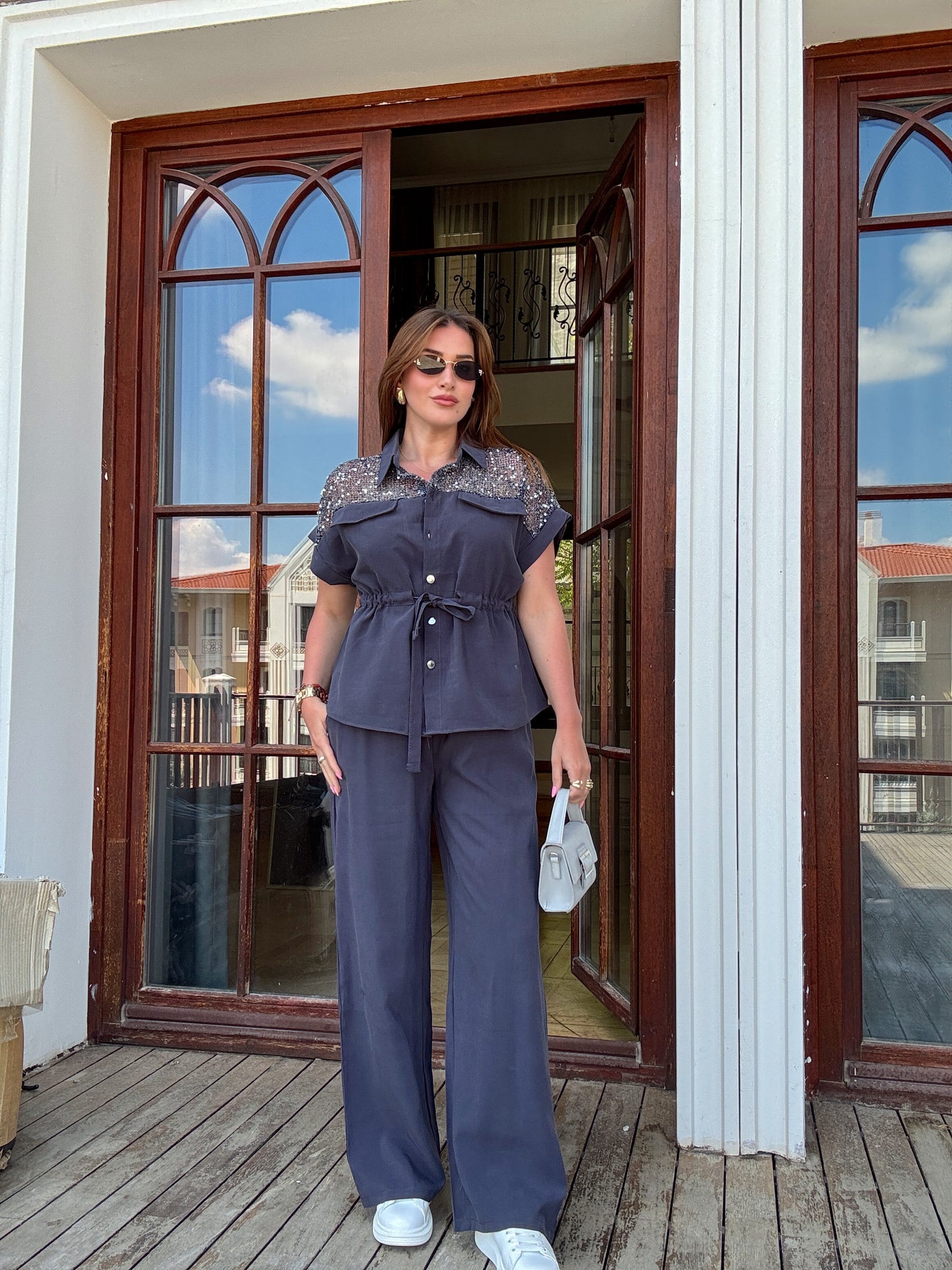Tensel pul detaylı takım Lacivert