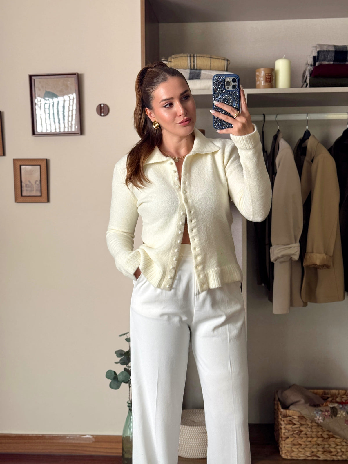 Polo yaka yumoş Pinterest hırka EKRU