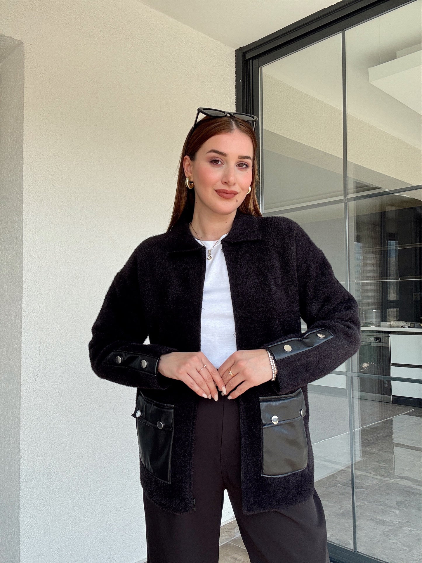 Liliyana deri cepli fermuarlı hırka-SİYAH