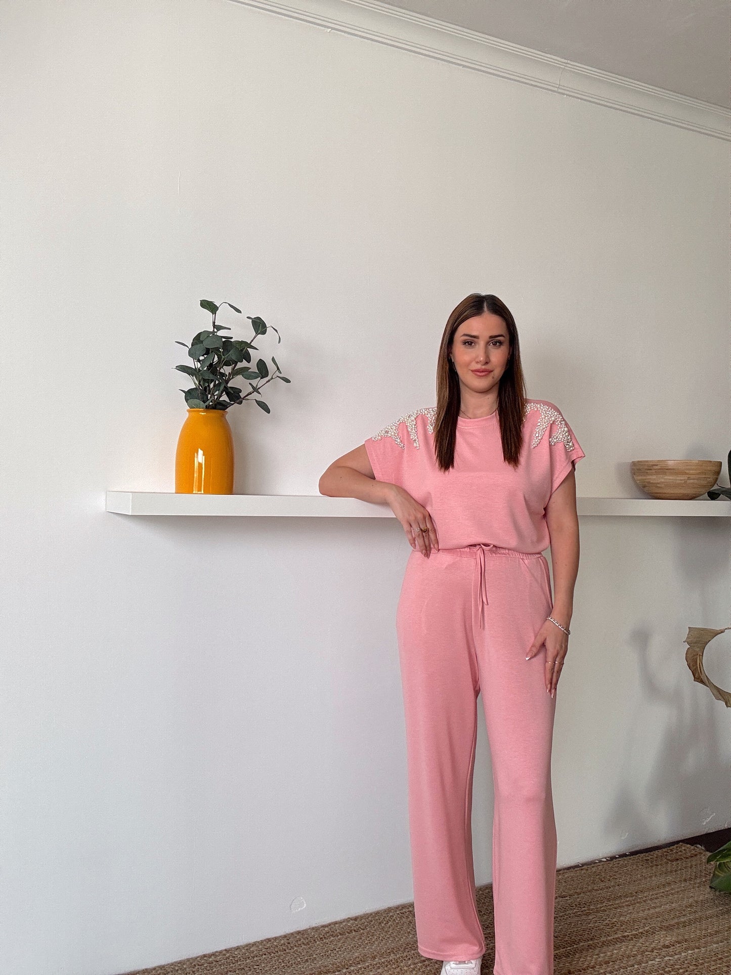 İnci İşlemeli Modal Takım Pembe