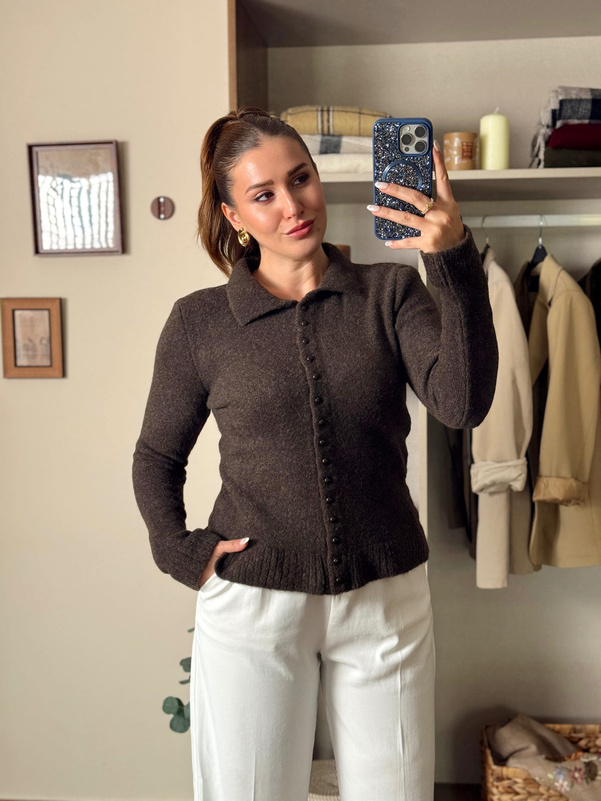 Polo yaka yumoş Pinterest hırka kahverengi