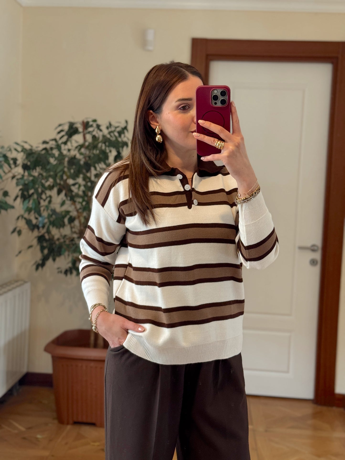 Düğmeli polo yaka triko kazak VİZON-BEJ