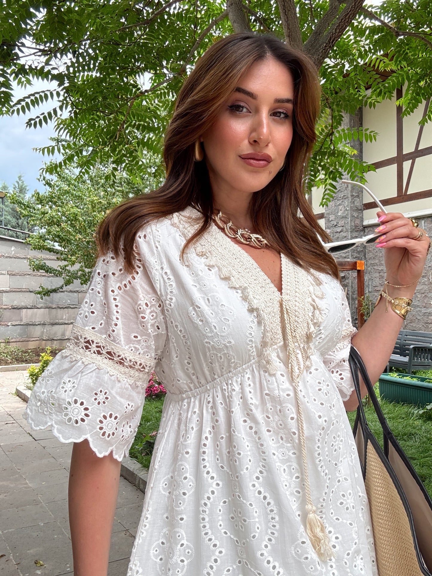 Juliet Kısa kol astarlı premium elbise Beyaz