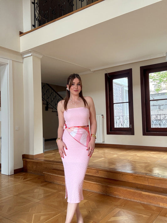 Straplez likralı astarlı elbise  PEMBE