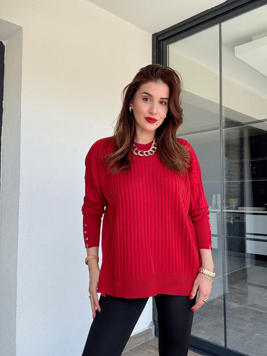 Oversize kesim kol düğmeli kazak KIRMIZI