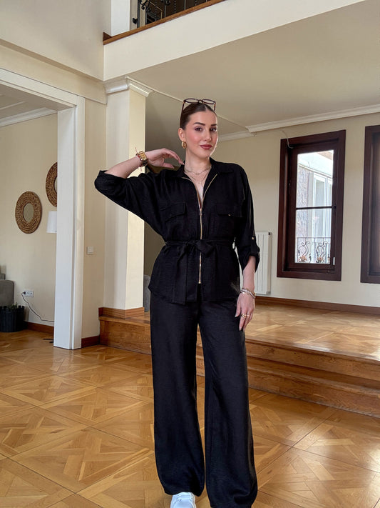 Kuşaklı Keten Takım Siyah